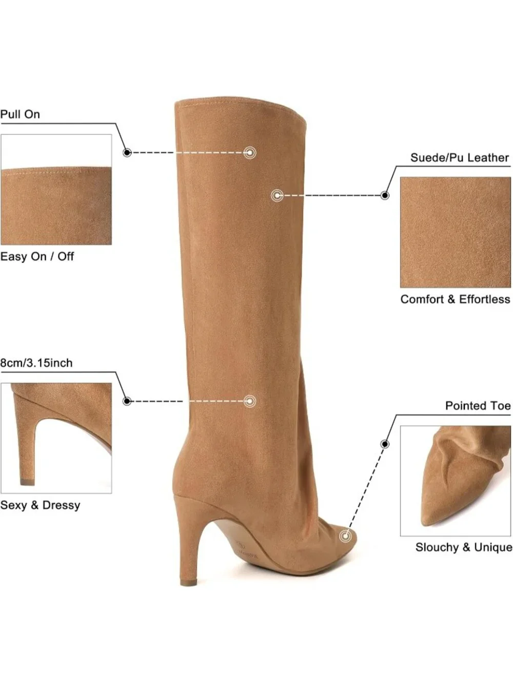 Women Nude Suede Slouchy Pointed Toe Faux Leather Side Zipper Over The Knee Boot
